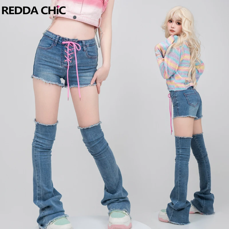 

REDDACHiC High Rise Bandage Denim Shorts with Leg Warmers Women 2-Piece Pants Set Blue Tall Girl Friendly Trousers Acubi Fashion