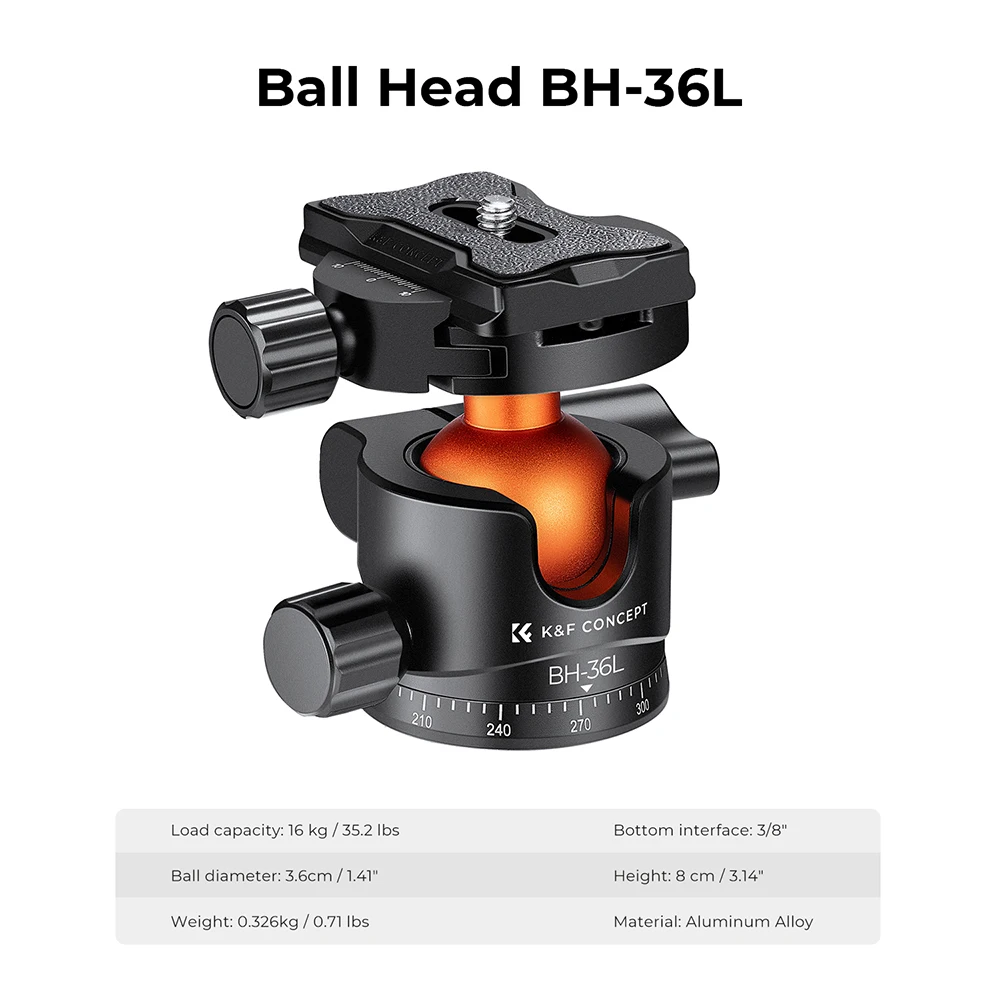 K&F CONCEPT Metalen statiefkogelkop 360 graden draaibaar panoramisch met 1/4 " snelontgrendelingsplaat waterpas voor monopod-camera