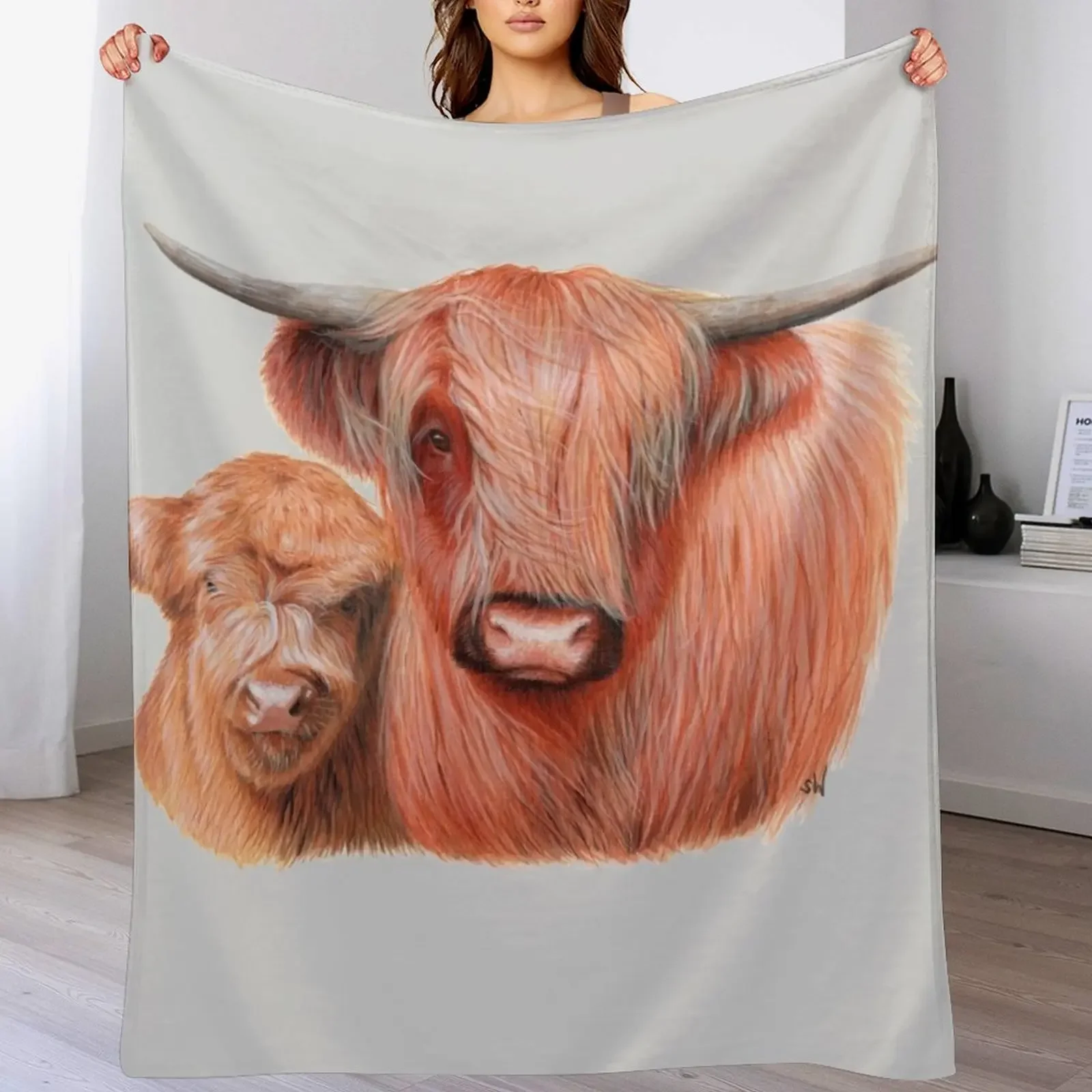 

Highlander Cow with Calf-g Throw Blanket Beach Furry Summer Softest Blankets