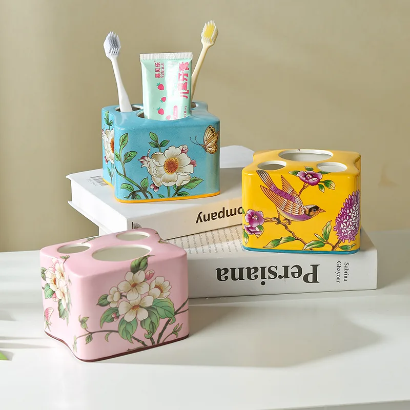 

Creative Painted Floral Bird Ceramic Toothbrush Holder Artistic Three-hole Couple Toothbrush Holder Bathroom Toothpaste Storage