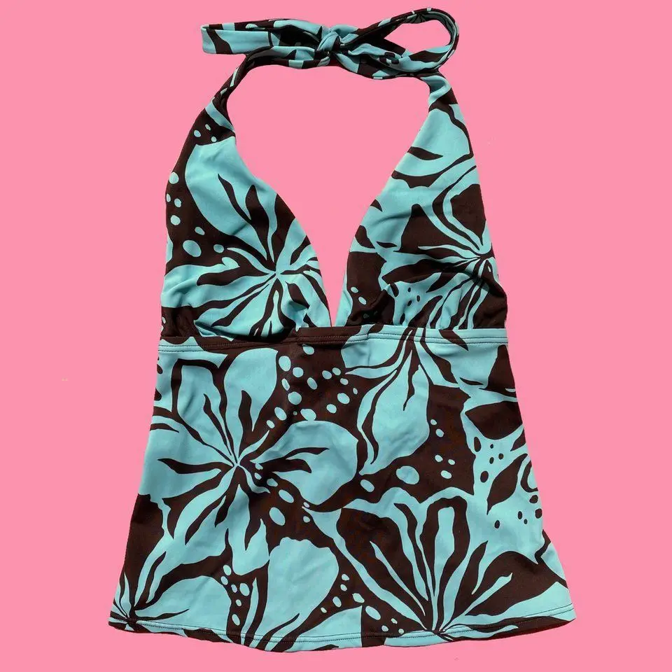 Women Halter V Neck Tankini Top Long Length Tummy Control Beach Swimwear Top