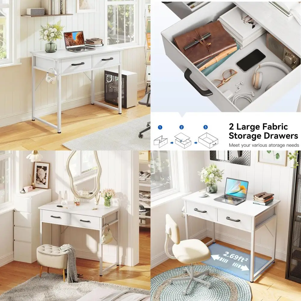 

Compact 32 White Home Office Desk with Drawers and Peg Hook for Small Spaces