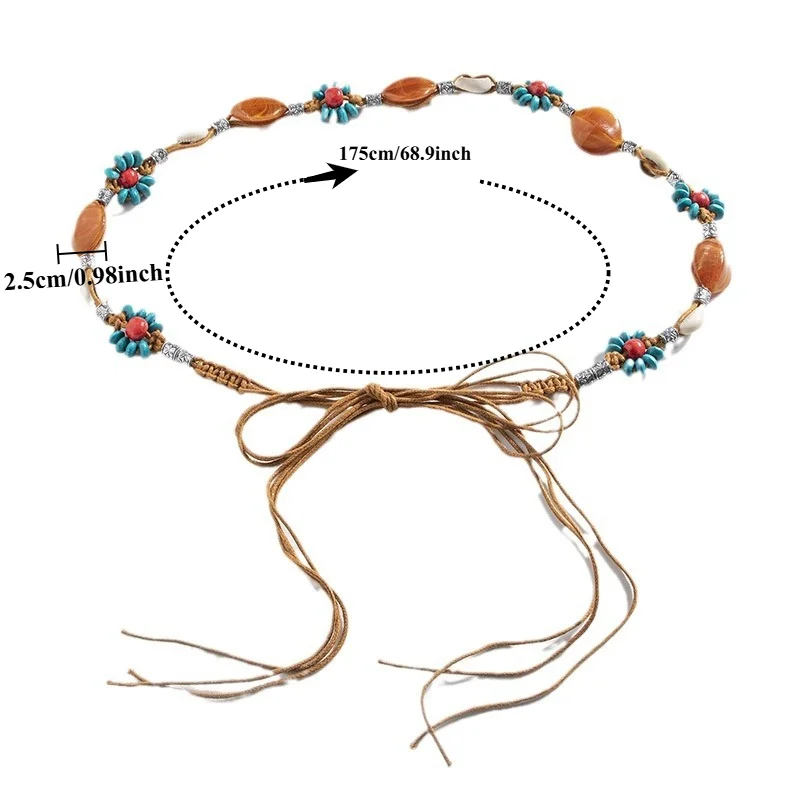 Fashionable Bohemian-Style Floral Knot Wooden Bead Women’s Belt  Braided Casual Ethnic Resort-Style Elegant Waist Cord