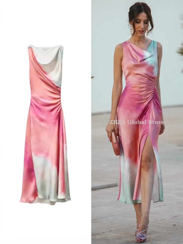 Women\'s Tie Dye Print Midi Dress Flowy Neckline Sleeveless Satin Dress Pleats Silken Print Long Dress Fall New Female Chic Dress