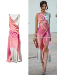 Women's Tie Dye Print Midi Dress Flowy Neckline Sleeveless Satin Dress Pleats Silken Print Long Dress Fall New Female Chic Dress