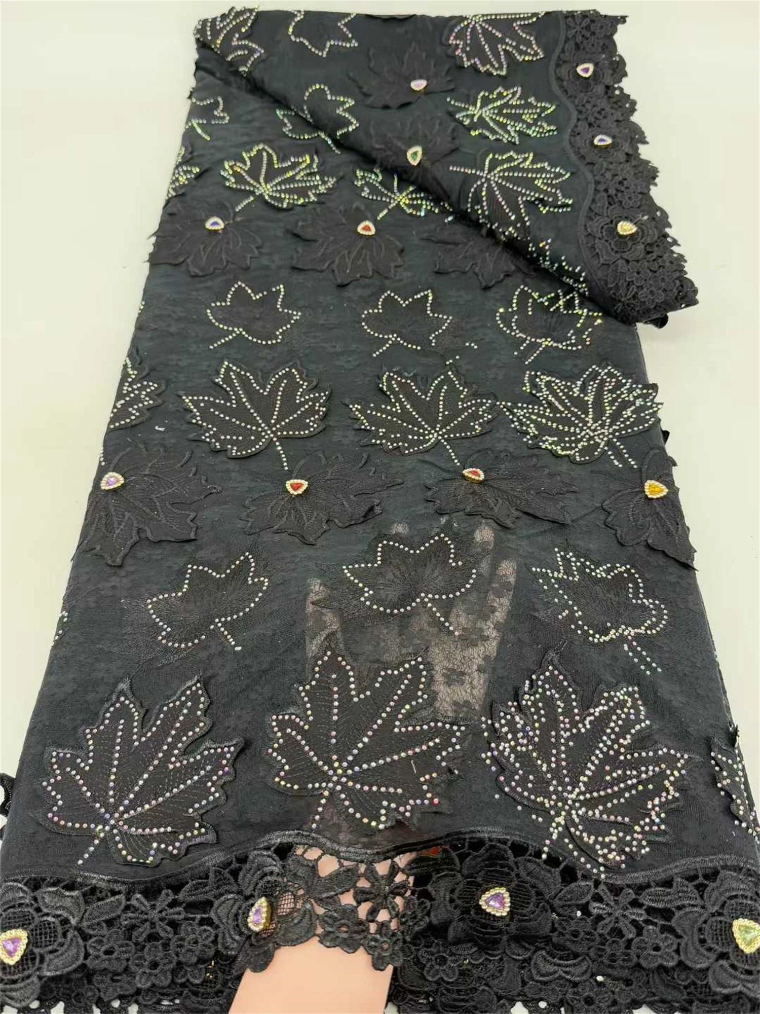 

2026 Black African Big Gem Water Soluble Lace Fabric High Quality French Nigerian Tulle Lace Fabric For Women Party Dress Sewing