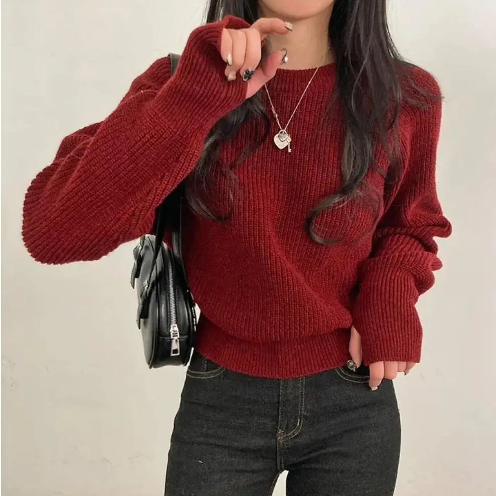 

Стильный женский утепленный свитер с круглым вырезом, длинными рукавами, теплый вязаный пуловер для осени и зимы, повседневный уличный стиль