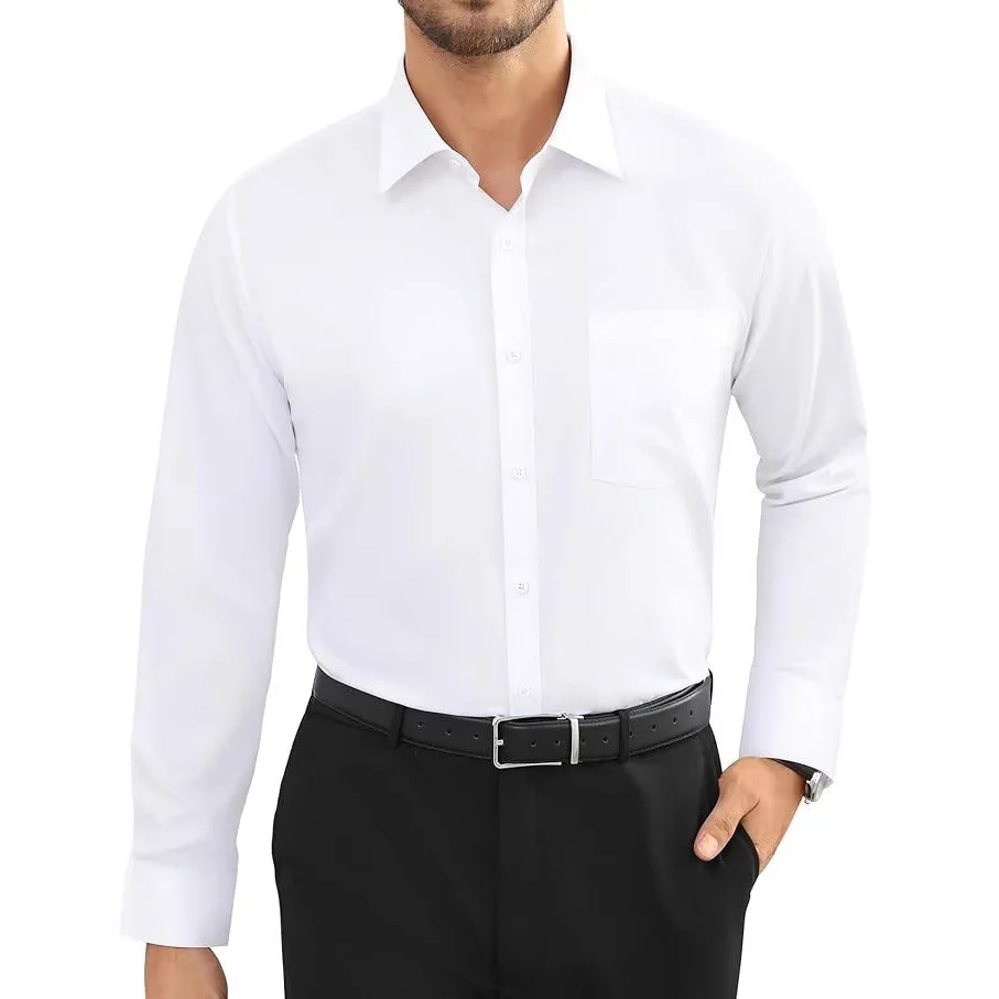 Men's Solid Color Long Sleeve Fashion Non Iron Wrinkle Resistant Business Commute Simple Versatile Breathable Pocket Decor Shirt