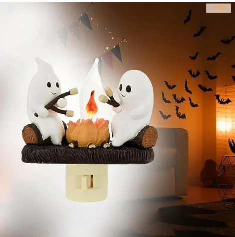 2024 Halloween Ghost Campfire Flickering Nightlight Ghost Socket Small Night Lamp Ornaments Halloween Decoration for Home Indoor