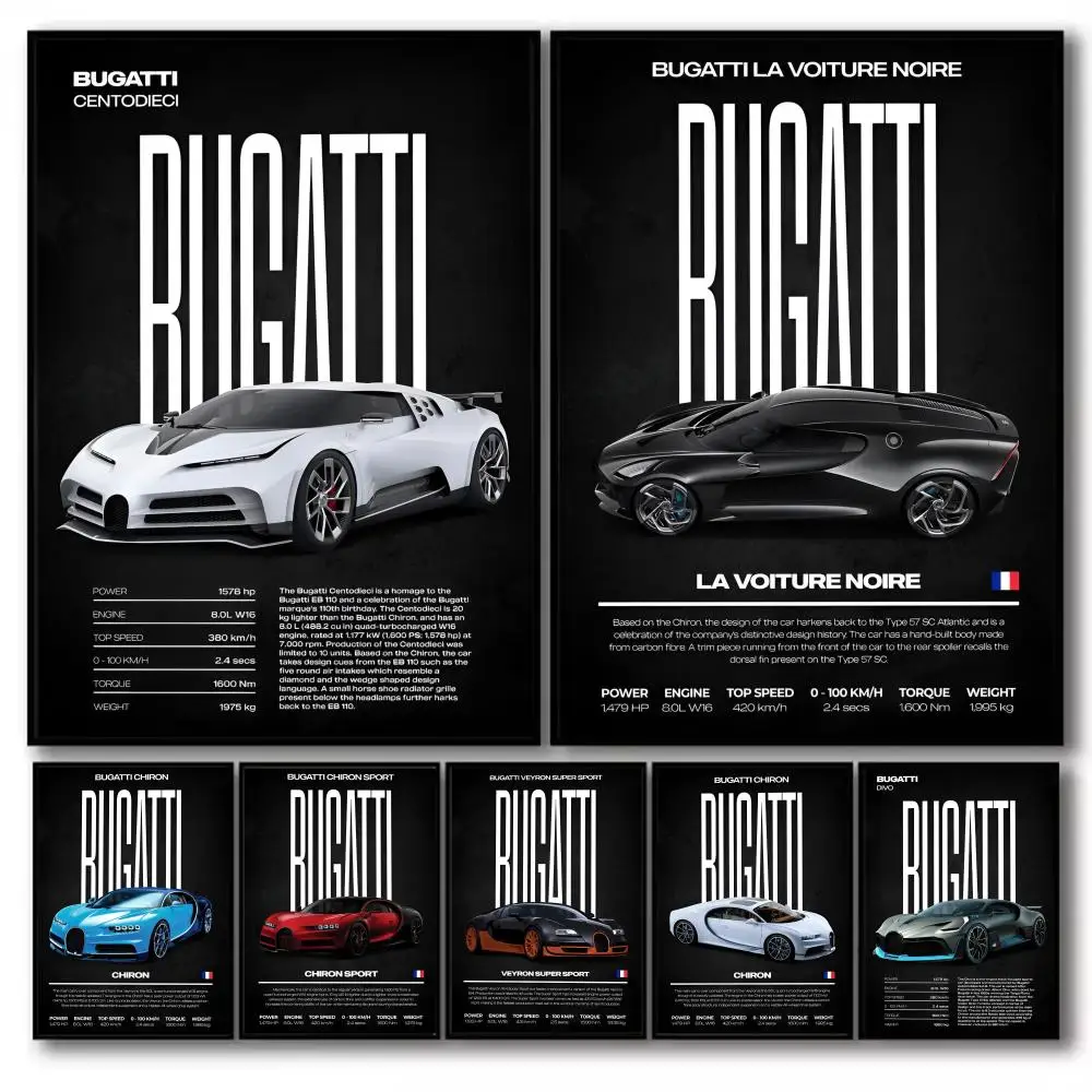 B-Bugatti Supercar Painting Calligraphy Canvas Poster Art for Bedroom Living Room Home Decor Wall Decoration Decals Gift