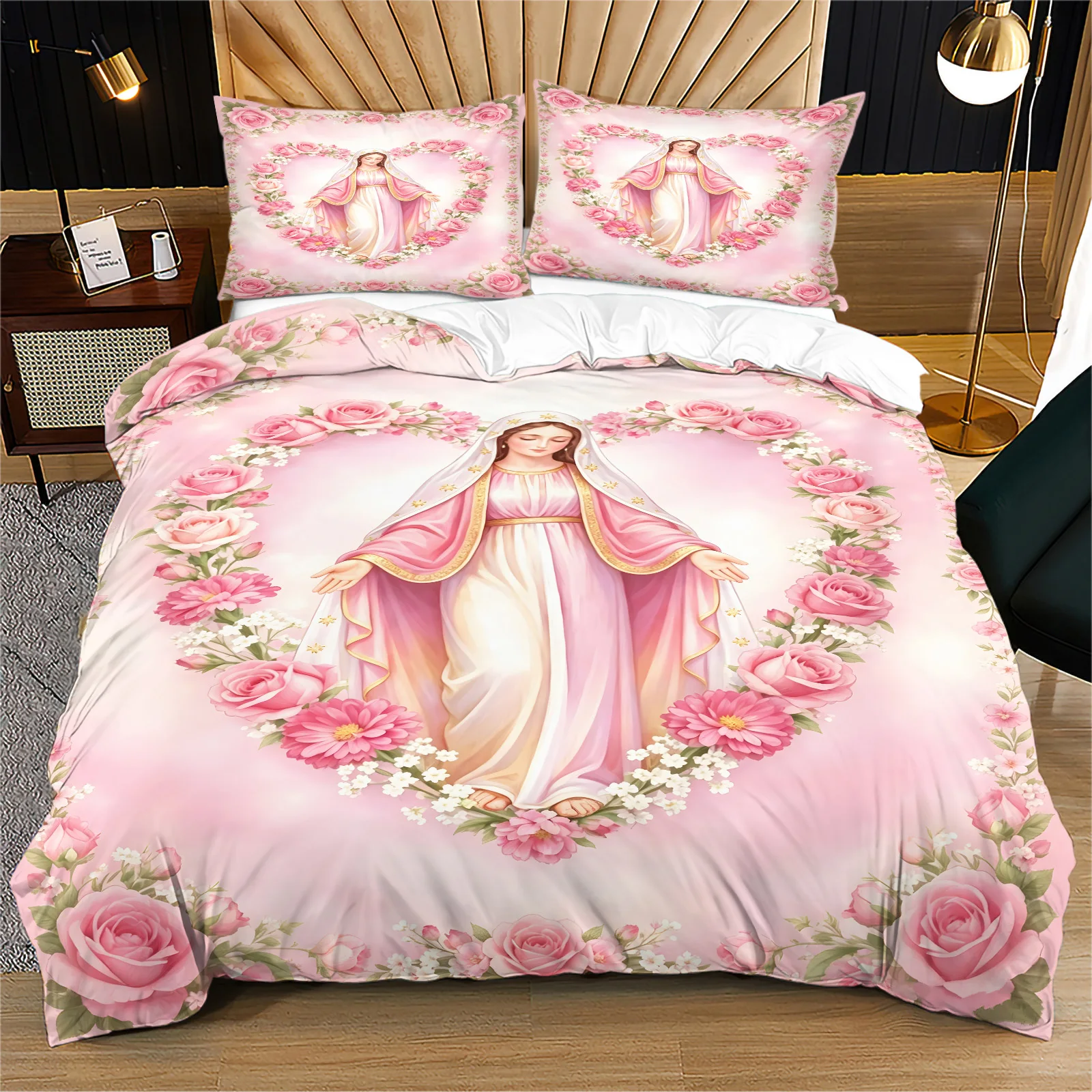 Religious Virgin Mary Duvet Cover Set Pink Rose Flower Heart Pattern Bedding Set Soft Polyester Quilt Cover With Pillowcase