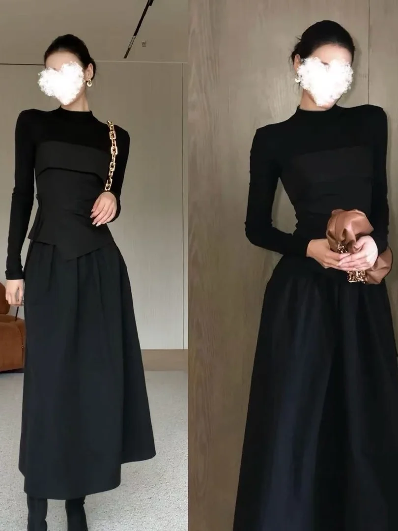 Fall Fashion High Waist A-Line Skirt Set Women's Half High Collar Splice Style Casual Breathable Comfortable Two-Piece Suit