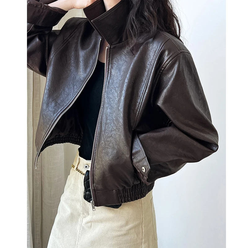 2024 Women Autumn Pu Leather Turn Down Collar Zippers Jacket Coat Fashion Women Classic Jacket Femme Streetwear Tops Clothes