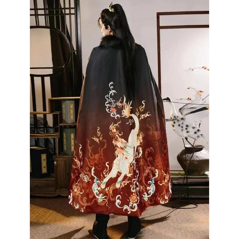 Cy2025 Winter Machtige Qilin Hanfu Mantel Traditionele Chinese Mannen Vrouwen Buitenste Gewaad Vintage Mode Grote Bontkraag Overjas Sjaal