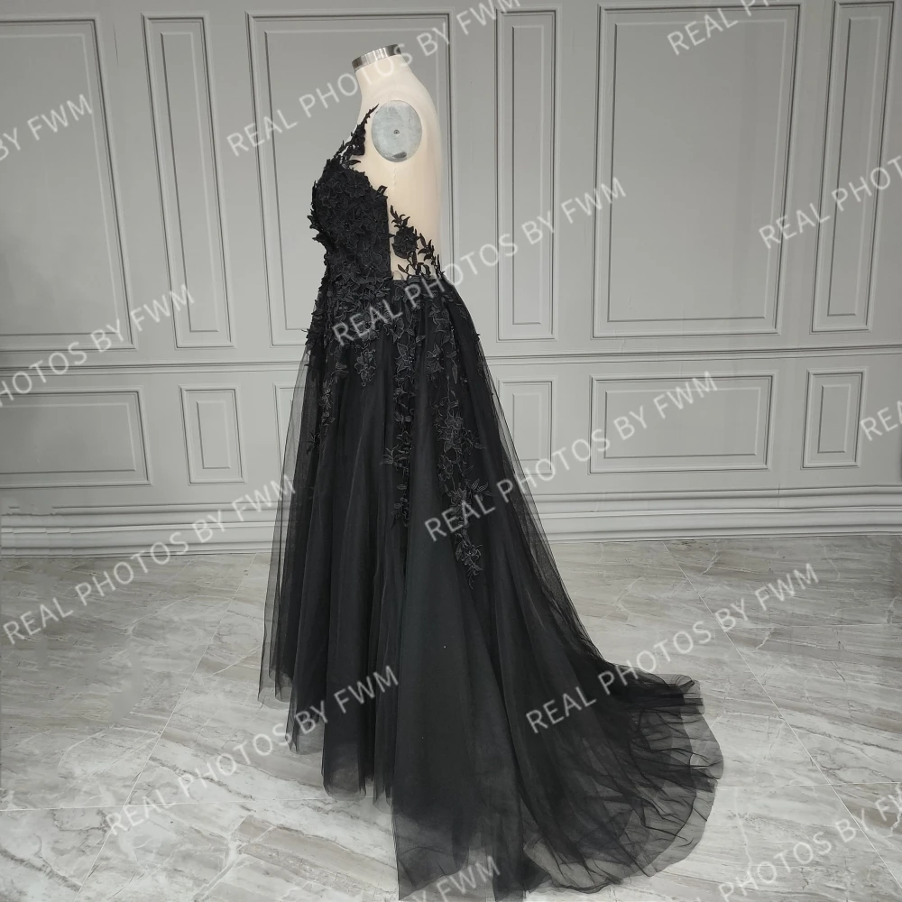 15498 #   Vestido de novia gótico negro con foto Real, vestido de novia Sexy con abertura lateral, vestido de novia de tul sin espalda personalizado de talla grande