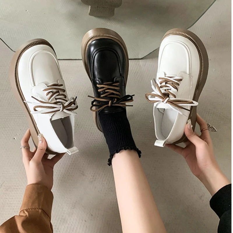 Woman Loafers 2024 Autumn College Style Double Shoelaces Tied with Skirts Leather Shoes Thick Soled Single Shoes Casual Loafers