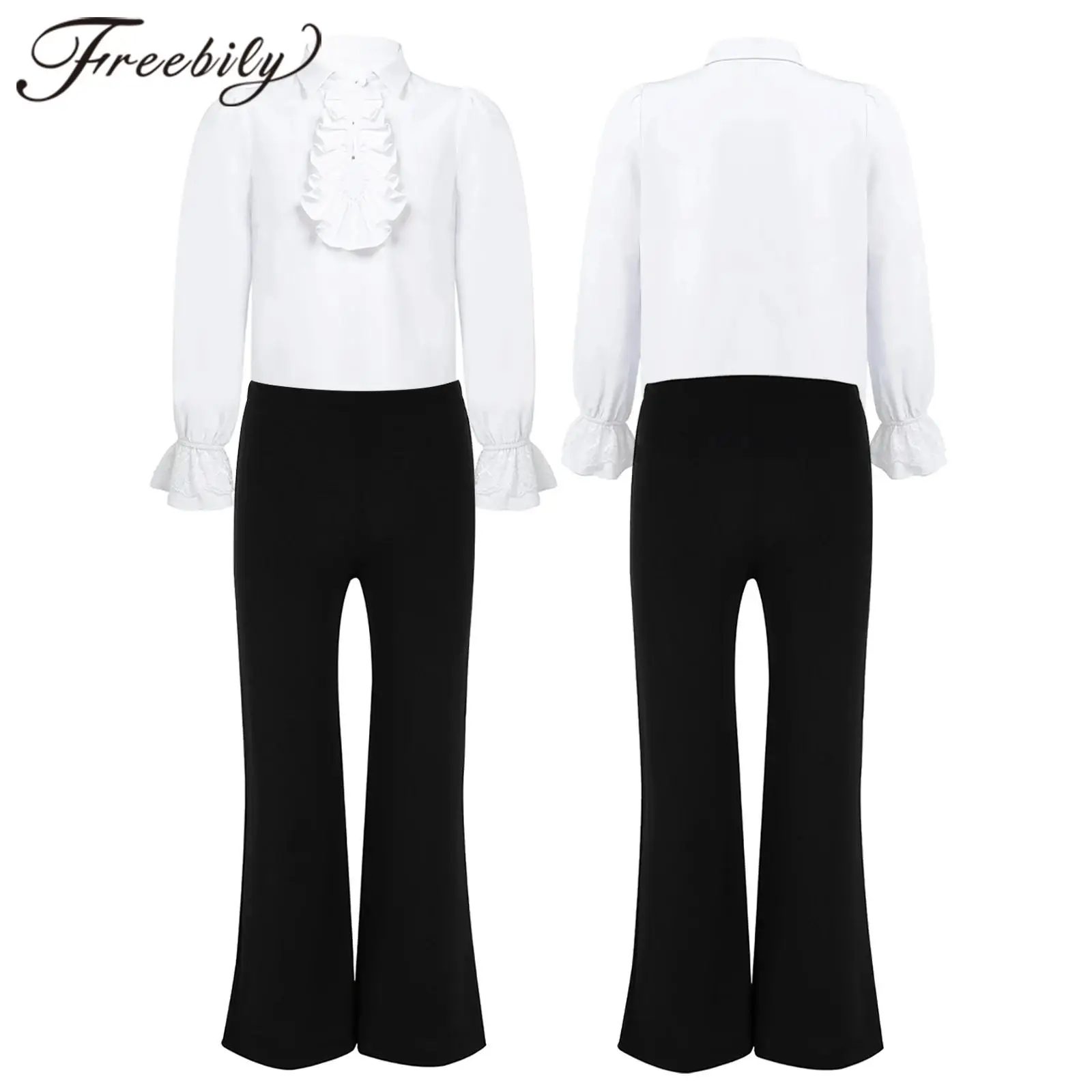 

Kids Boys Latin Modern Jazz Dance Outfit Renaissance Costumes Long Sleeve Ruffle Shirt with Pants Stage Performance Set