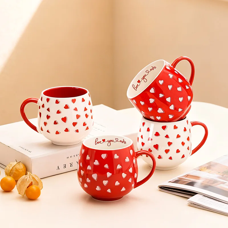 2pcs 370ml Ceramic Mug, Ideal Gift for Valentine's Day, Reusable Heart-shaped Coffee Cup, for Coffee/Milk/Juice, Home Use