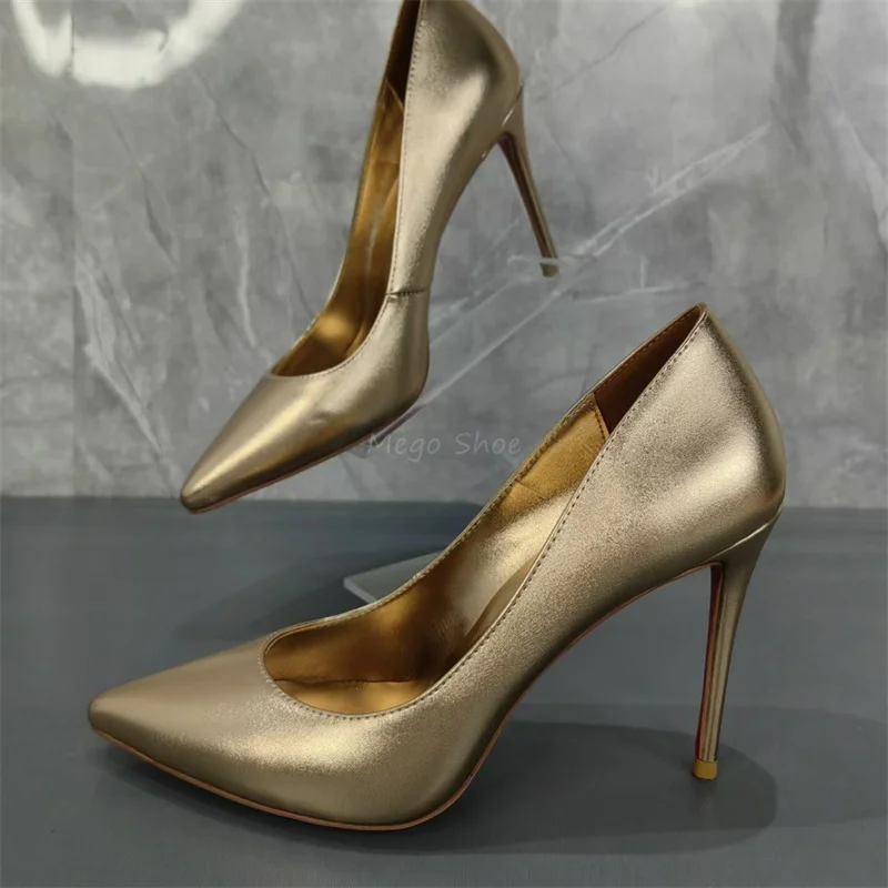 

Golden Leather Shallow Shoes Women 10Cm High Stiletto Heels Pumps Matte Leather Handmade High Quality Shoes Big Size 43 for Lady