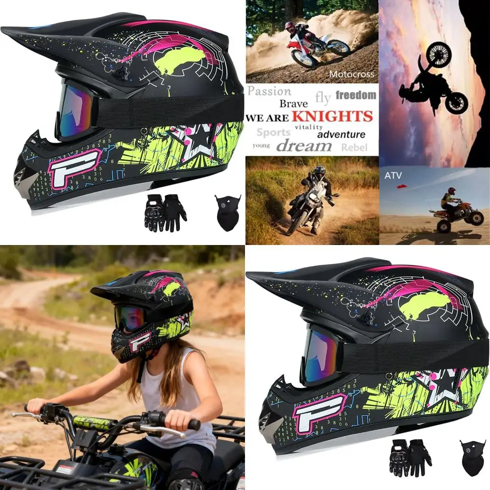 

Youth & Adult Motocross Helmet Set - DOT Certified, Includes Gloves, Goggles, and Mask for Off-Road Riding (Medium)