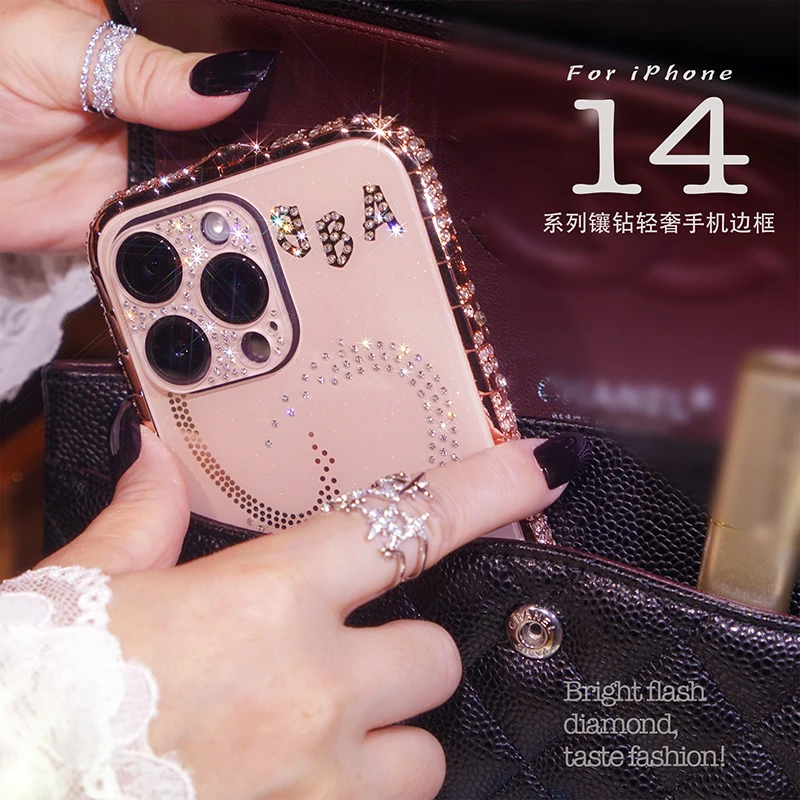 Luxury Jewelled Case for iPhone 14 13 12 11 Pro Max Plus Glitter Metal Frame BBA Backplane Camera PC Protector