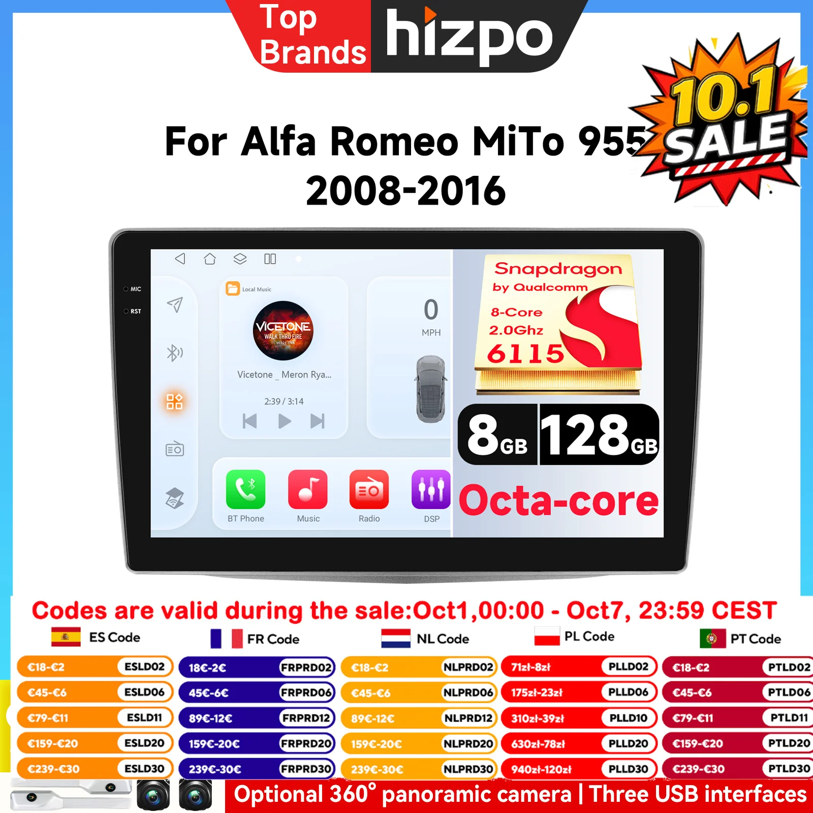 Hizpo 6115 System AI Carplay Android Auto Odtwarzacz Multimedialny Samochodowy do Alfa Romeo MiTo 955 2008-2016 Carplay 4G Radio Samochodowe 360 °   Kamera