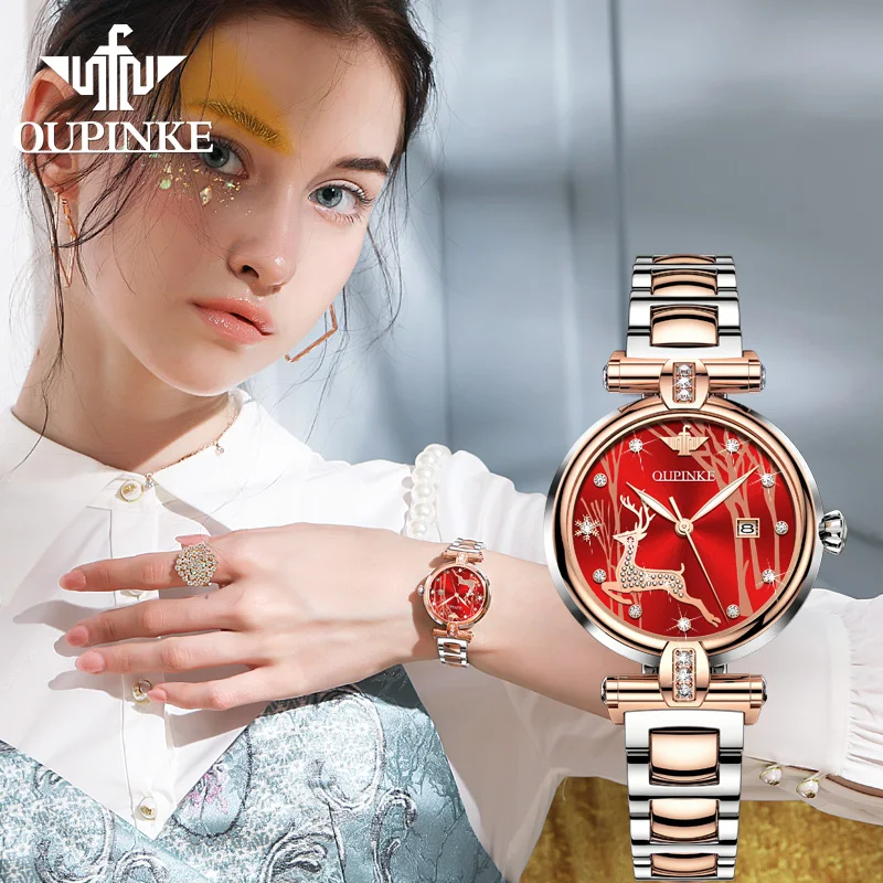 يحتوي العلامة التجارية Q Oupinke 3180 على ساعة نسائية ميكانيكية أوتوماتيكية بالكامل مقاومة للماء