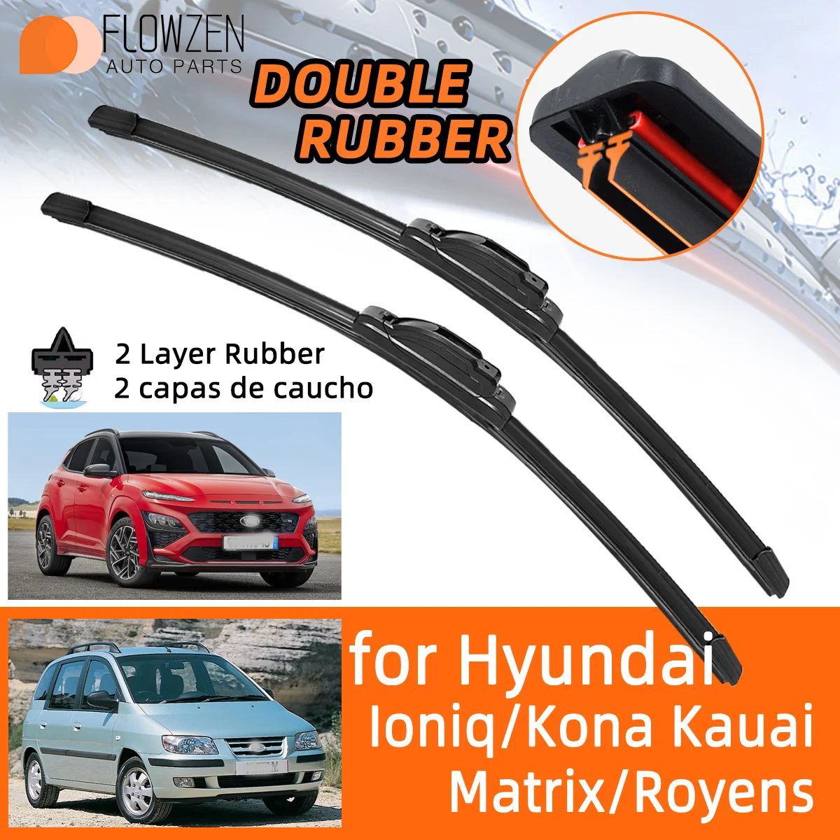 Car Wiper Blades for Hyundai Ioniq  Kona Kauai Matrix Royens 2008-2017 Double Rubber Car Wipers Winter Summer Wear J Hook