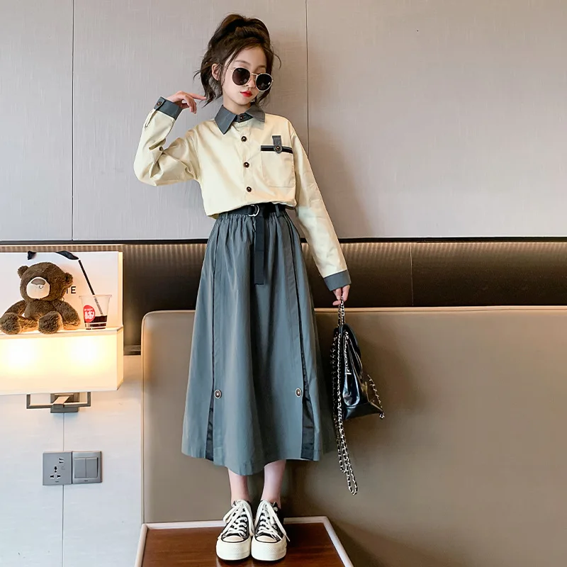 

2025 Korean Autumn Junior Girl 2PCS Clothes Set Patchwork Single-breasted Long Sleeve Top+Skirt Gift Belt Set For Girls 4-15Yrs