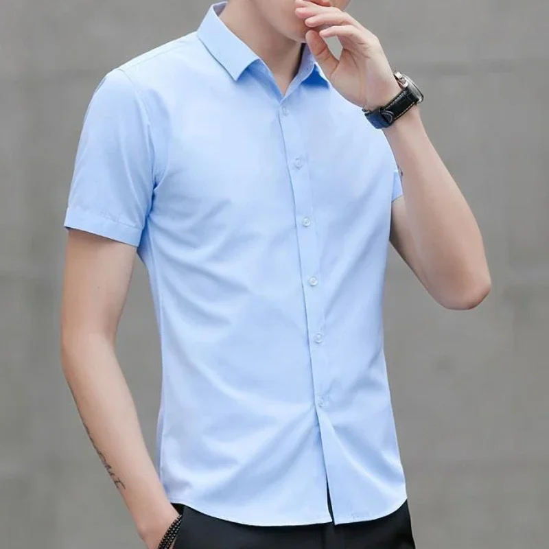 

Man Shirt Blue Business Red Black Short Sleeve Shirts for Men Plain White with Collar Tops Fashion 2025 Cheap Brand Cotton Silk