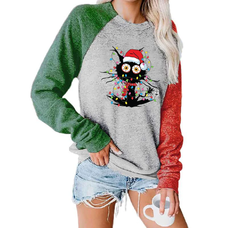 

Women Casual Long Sleeve Pullovers Christmas Black Cat Christmas Light Print Sweatshirts Ladies Tee Shirts O-neck Loose T-shirts