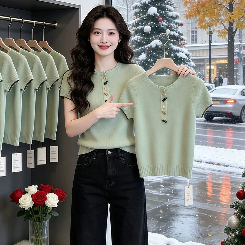 

Blue round Neck Ice Silk Knitted Short Sleeve T-Shirt Women's Summer Slimming Fashionable Versatile Shoulder Appropriate Top