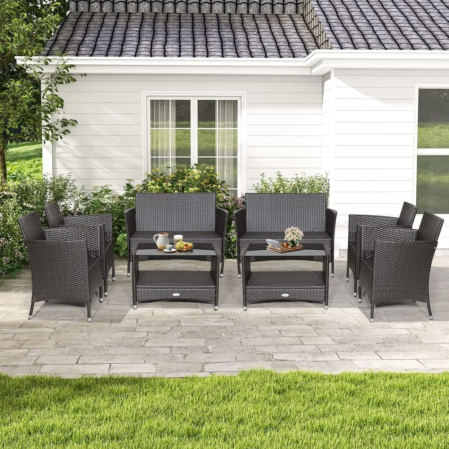 4 Pieces Patio Furniture Set, Patiojoy Outdoor PE Wicker Conversation Set with Soft Cushions and Tempered Glass Tabletop