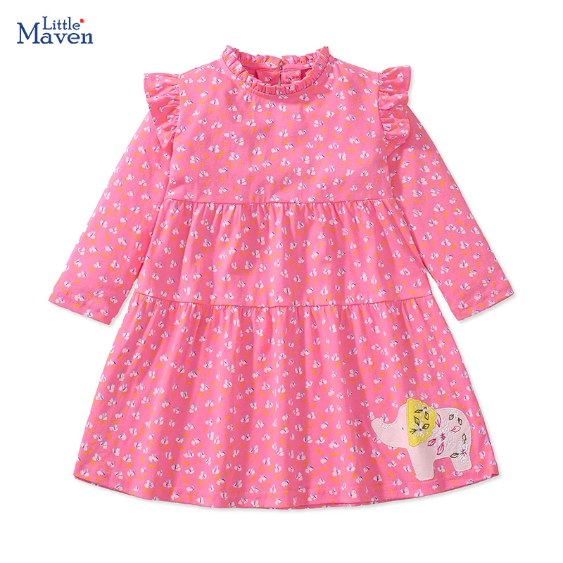 Little maven  Kids Clothes Children's Clothing Baby Girls 2024 Autumn Cotton Long Sleeves Embroidery Cartoon Elephant Dresses