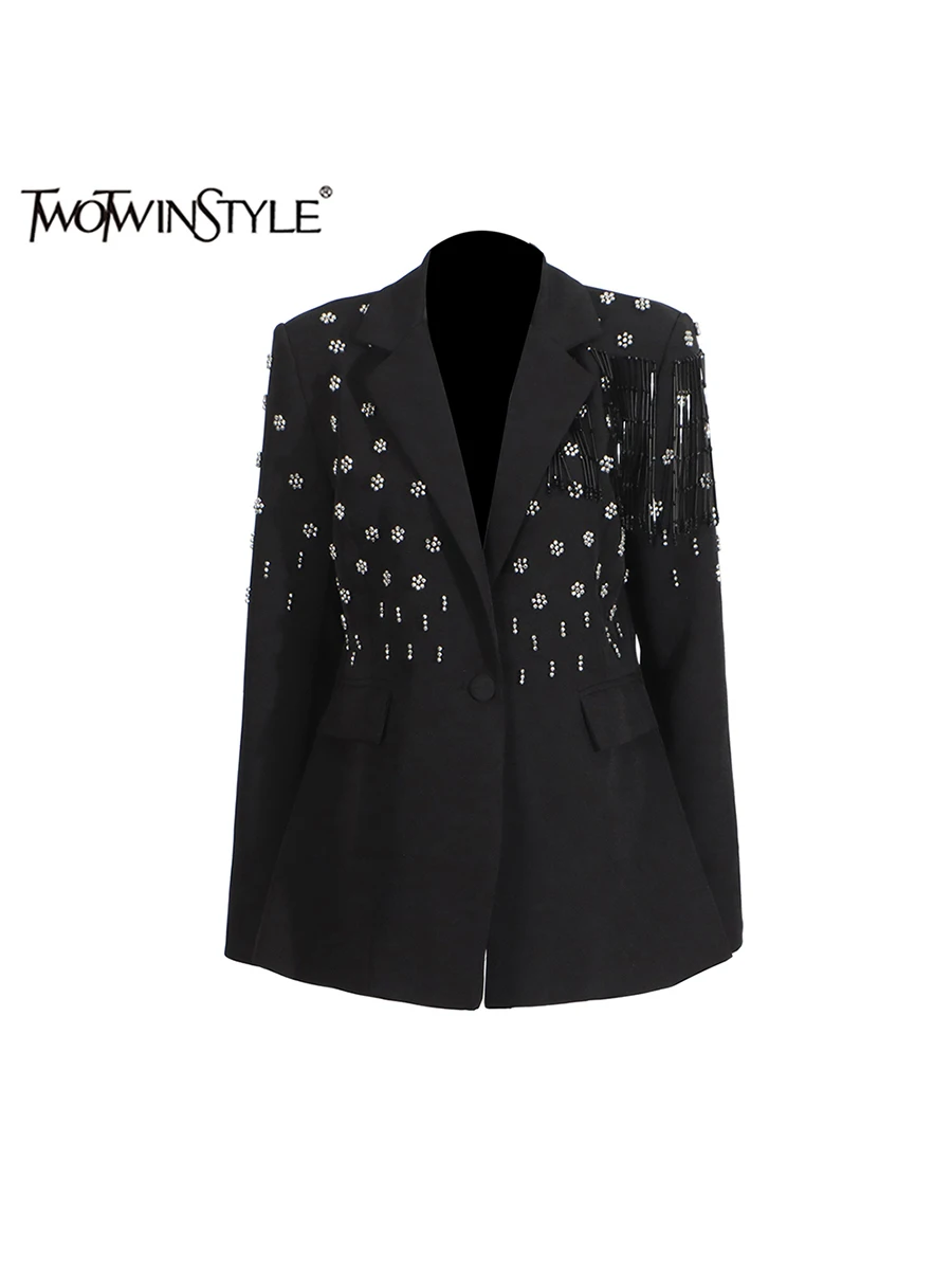 

TWOTWINSTYLE Solid Spliced Diamonds Loose Blazers For Women Lapel Long Sleeve Tunic Temperament Coats Female Fashion Style New