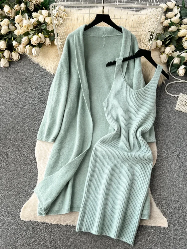 Autumn New Korean Style Fashion 2 Piece Set Women Strap Knit Dress + Loose Long Cardigan Female Thick Warm Sweater Knitted Suits