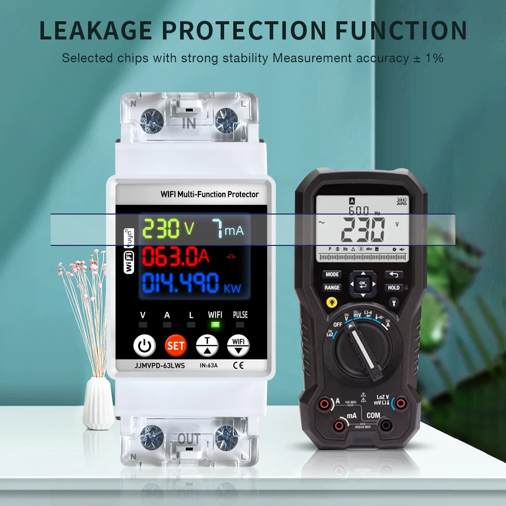 Tuya WiFi Reclosing Protector 63A مفتاح عداد الطاقة الذكي شاشة ملونة تسرب حماية الجهد الحالي عن طريق التحكم في تطبيق Moblie