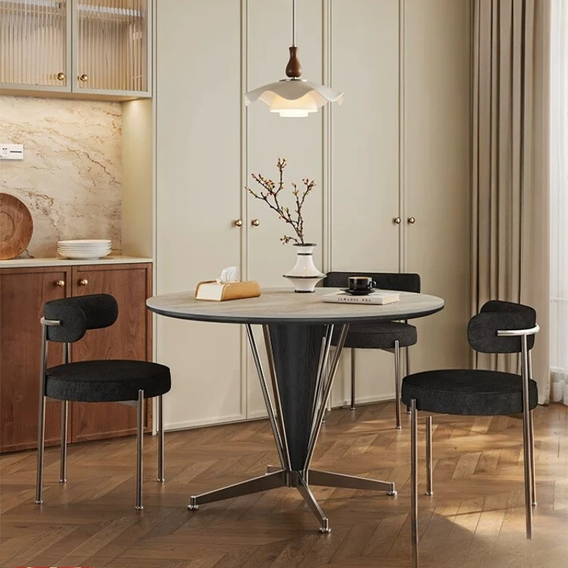 YJQ retro wind rock slab dining table round home living room high-end minimalist stainless steel solid wood dining table