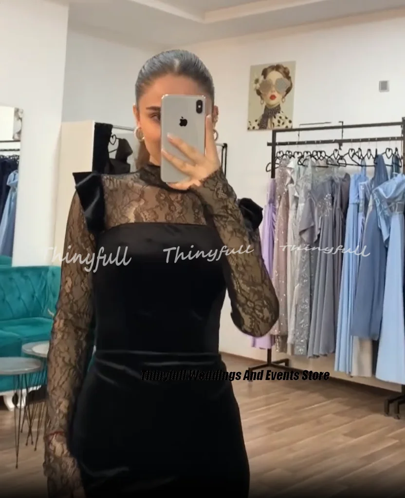 Thinyfull 인어 벨벳 무도회 드레스, 하이 넥 레이스 슬리브, 이브닝 가운, 스플릿 공식 행사 원피스 가운, 맞춤형