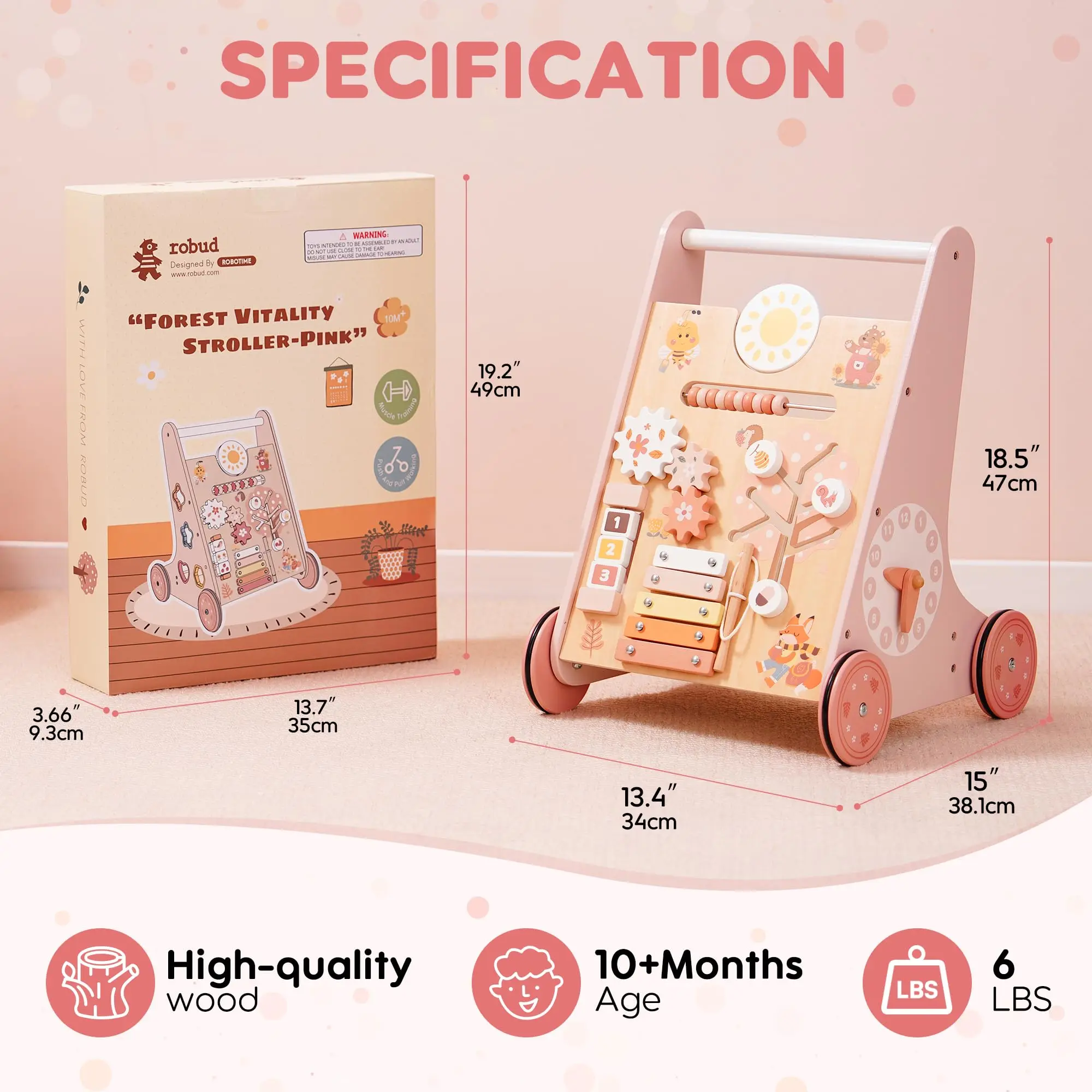 روبوتيم روبود مشاية أطفال خشبية مشاية دفع للأطفال مع مركز نشاط وتخزين لعبة مشاية مونتيسوري للبنين والبنات #3