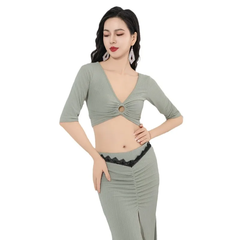 Customized Belly Dance Costumes Dress 2025 New V-neck Lace Edge Mid Split Fishtail Skirt Practice Clothing  Exotic Dancewear