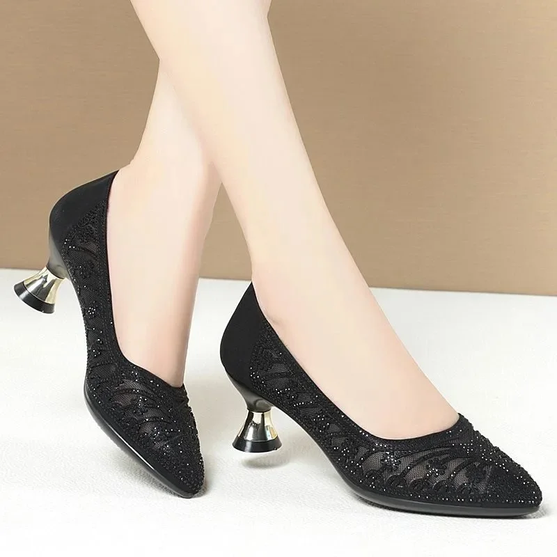 Cresfimix Fashion Spring & Summer Hollow Out Golden High Quality Square Heel Shoes for Sexy Party Women Cute Mesh Pumps A106e