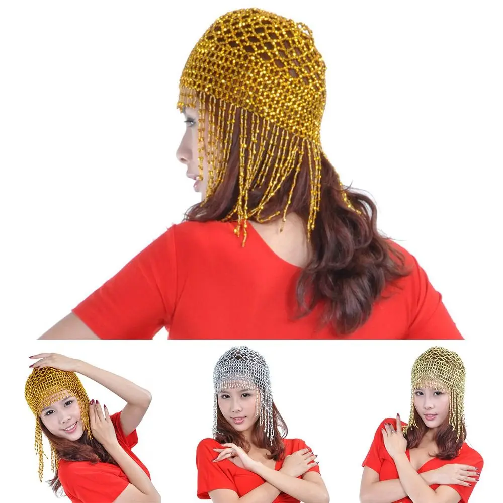 New Belly Dance Hat Shiny Exotic Belly Dance Hat Tassel Stage Beaded Head Cap Nightclub Headwrap Performance Women Girls Gifts