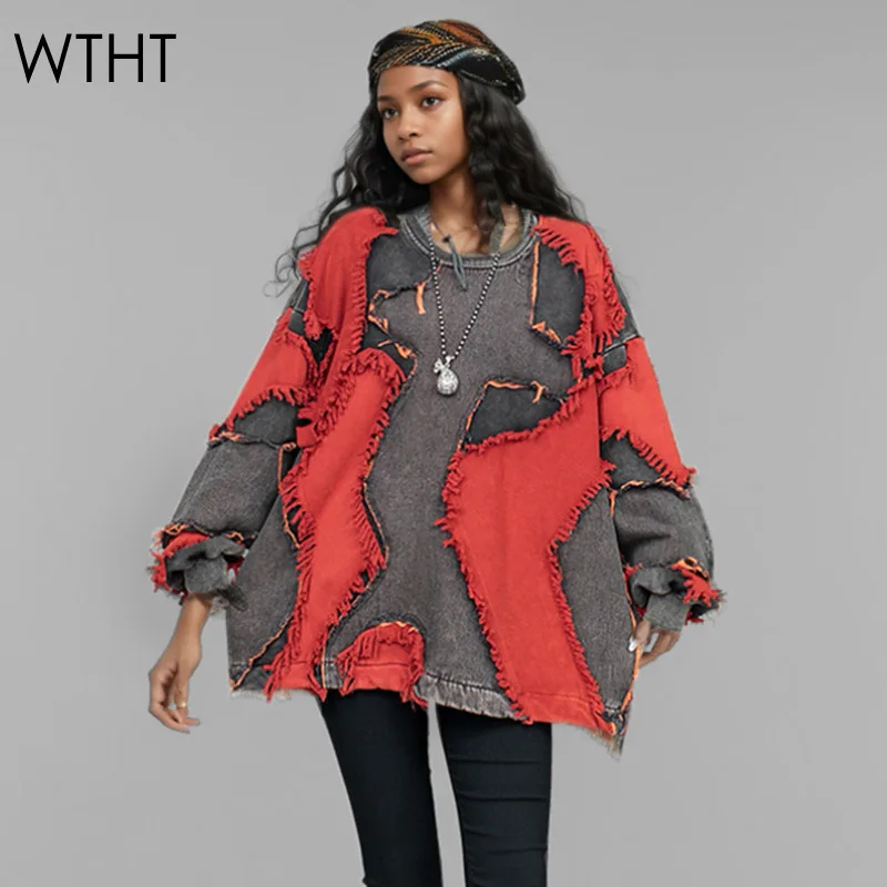 WTHT Fashion New Women's Spliced Denim Plush Edge Sweatshirt 2024 Autumn Trendy O-neck Long Sleeves Pullovers Female 1LS265