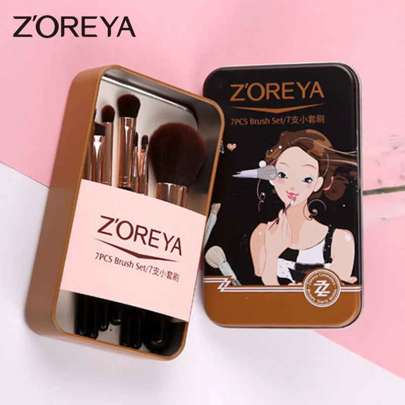 ZOREYA Herramientas de maquillaje Brocha de maquillaje de cerdas suaves Juego completo Mini brocha de maquillaje portátil de 7 piezas Juego de caja de lata