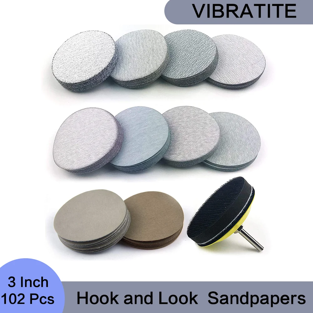 

3 Inch Hook & Loop Sanding Discs 102 Pcs Assorted 60-10000 Grits with Backing Pad Soft Foam Buffering Pad for Woodworking