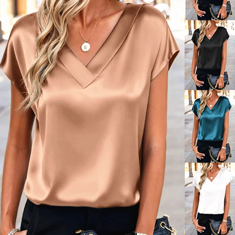 Women's Short Sleeve T-Shirt with V-Neck Satin Shirts Chiffon Top Tops Casual Strip Summer