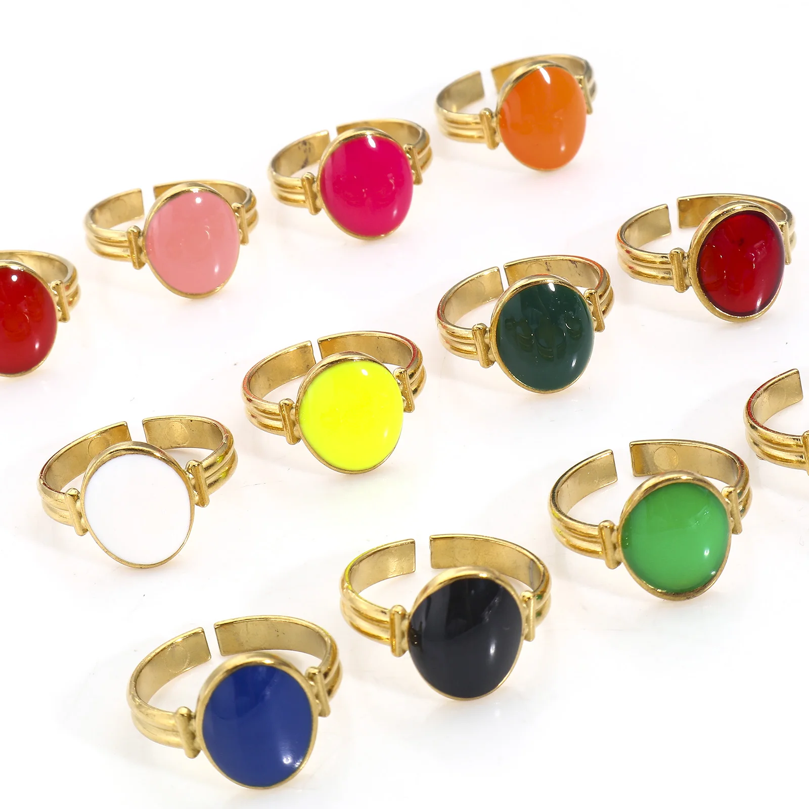 

304 Stainless Steel Oval Enamel Adjustable Rings Gold Color Multicolor Finger Rings For Men Women Wedding Party Jewelry 16.9mm