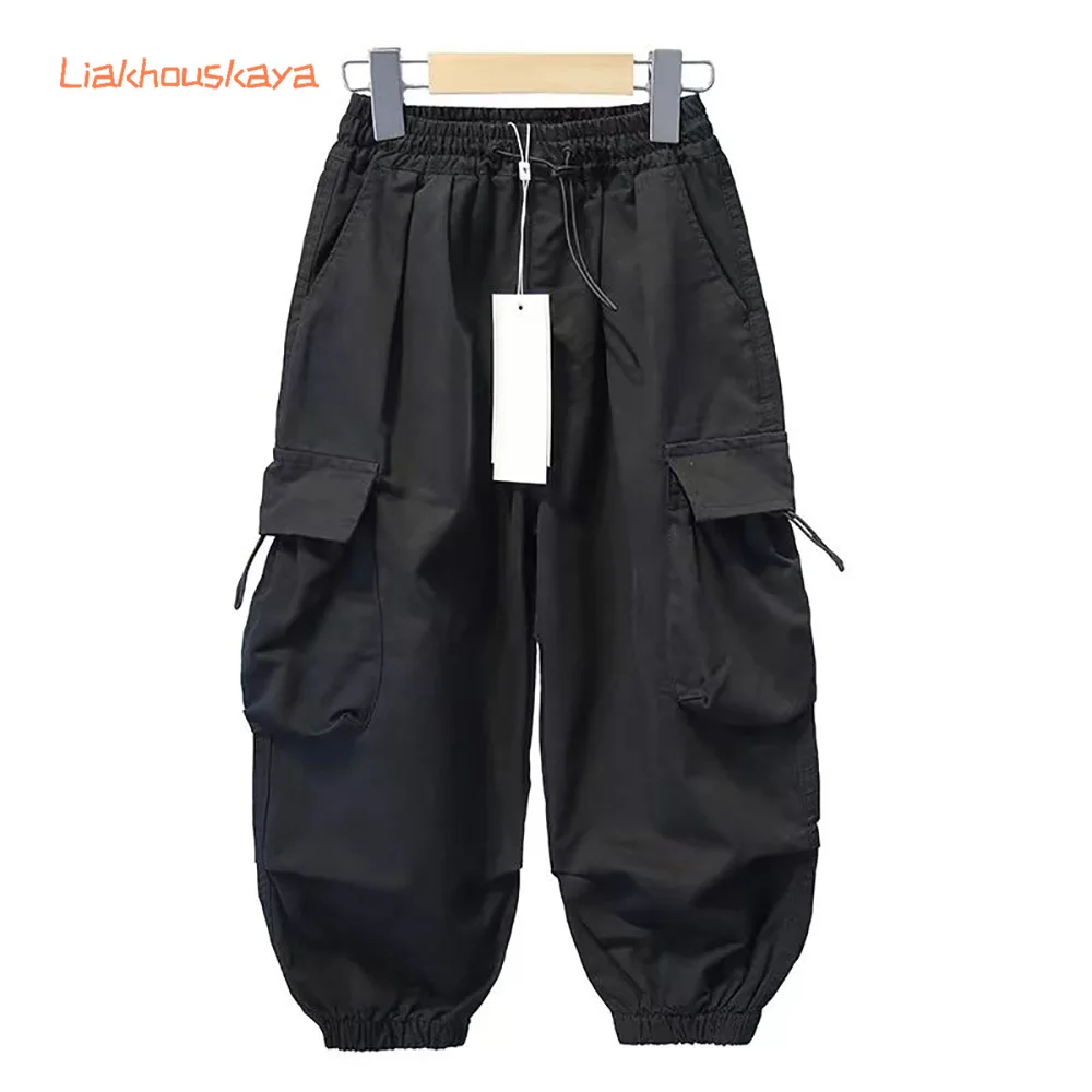 2026 New Spring Autumn Boys Ankara Red Cargo Joggers Loose Casual Big Pocket Kids Ankle Trousers Fashion Long Pants For Over