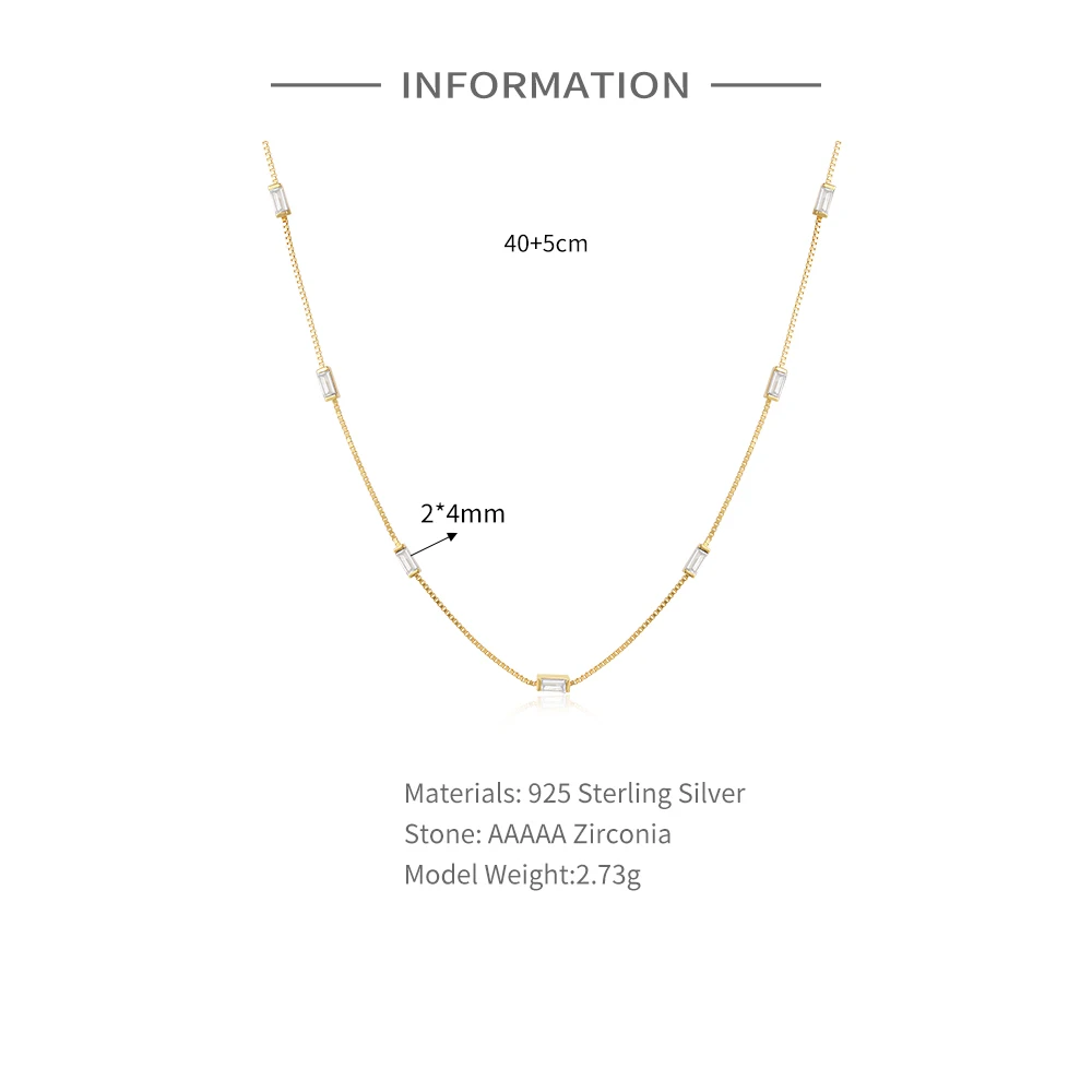 BOAKO Women's Chain Necklaces 925 Sterling Silver Rectangular Rainbow Color Crystal Fashion Chain Necklaces For Wedding Jewelry